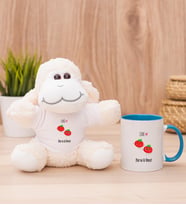Kişiye Özel Sevimli Domatesler Peluş Koyun ve Mavi Kupa