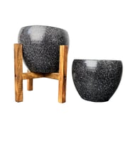 Bitki Tasarımı Siyah Granit Toprak Saksı Saksılık Salon Çiçeklik İkili Set Ayaksız - 4 Ayaklı- 15 CM