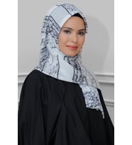 Krem Pratik Hazır Geçmeli Tesettür Eşarp Kesik Elyaf Piliseli Çizgili Desenli 1818D2_40