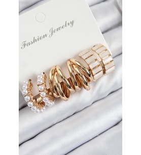 Pirinç İncili Halka Model Gold Renk Kadın Set Küpe (Altın)