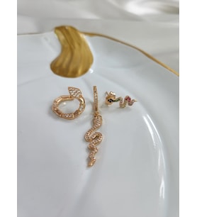 Yılan Figürlü Gümüş Renkli Sallantılı 3'lü Çelik Küpe Seti (Gold)