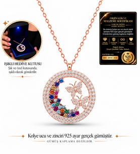 Premium Işıklı Kutuda 925 Ayar Gümüş Renkli Taşlı Yuvarlak Kelebek Yuvası Kadın Kolye