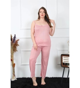 Giyim Kadın Büyük Beden Pudra İp Askılı Pijama Takım