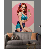 Kırmızı Elbiseli Pin-Up Kadın Dekoratif Kanvas - Mdf Ahşap Tablo