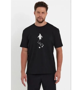 Erkek Nihilist Penguen Temalı Oversize Bisiklet Yaka Tişört - Siyah