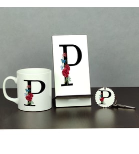 P Harfi Üçlü Set (Kupa + Telefon Standı + Anahtarlık)