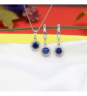 Lacivert Beyaz Taşlı Minimal Anturaj Yuvarlak Gümüş Kolye Küpe Takım