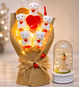 LED Işıklı Ayıcık Buketi & Şans Melekli Fanus Hediye Seti – Romantik ve Dekoratif Hediye