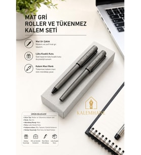 Mat Gri Kişiye Özel Lüks Kutulu Roller ve Tükenmez Kalem Seti