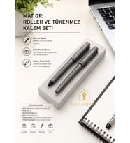 Mat Gri Kişiye Özel Lüks Kutulu Roller ve Tükenmez Kalem Seti