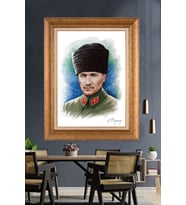 Altın Varaklı Çerçeveli Paspartulu Atatürk Tablo nh278 (Gold)