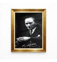 Tablore K. Atatürk İmzalı Kanvas Tablo - Nostaljik Siyah Beyaz Atatürk Portresi - Dekoratif Altın Çerçeveli Duvar Dekoru