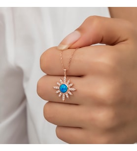 Opal Mavi Taşlı Güneş Kolye-925 Ayar Gümüş