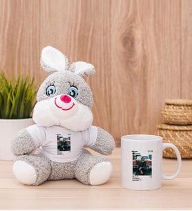 Kişiye Özel İnstagram Tasarım Fotoğraflı Peluş Tavşan ve Beyaz Kupa