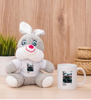 Kişiye Özel İnstagram Tasarım Fotoğraflı Peluş Tavşan ve Beyaz Kupa