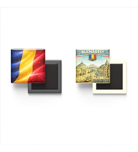 Buzdolap Magnetleri - Romanya Bayrağı ve Bükreş Retro Tema - 2'li Set Magneti