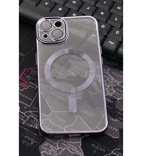 iPhone 13 Uyumlu MagSafe Özellikli Mor Renkli Kenarlı Lazerli Şeffaf Kılıf Lens Korumalı (Renksiz)