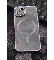 iPhone 13 Uyumlu MagSafe Özellikli Mor Renkli Kenarlı Lazerli Şeffaf Kılıf Lens Korumalı (Renksiz)