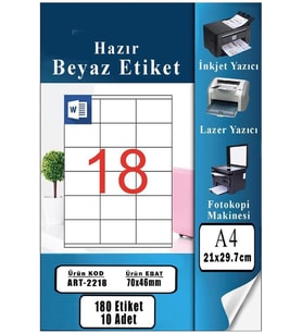 Hazır Etiket 70x46 mm 10 Sayfa 1 Paket 18 li Kendinden Yapışkanlı Fotokopi Lazer İnkjet Kağıdı Yazıcılar İçin Uyumlu