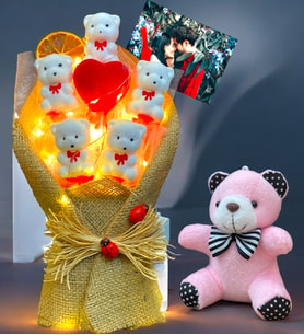 Kişiye Özel Fotoğraflı Led Işıklı Buket ve Peluş Ayıcık Anahtarlık (Model 3)