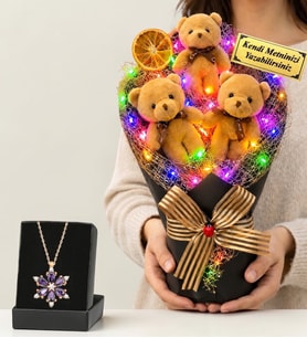 Kişiye Özel Renkli Led Işıklı Kahve Peluş Ayıcık Buketi ve Gerçek Ametist Taşlı Lotus Kolye