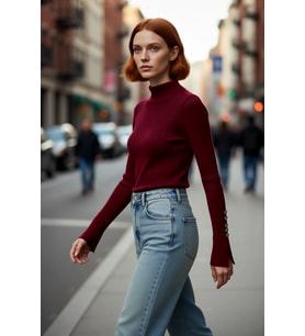 Kadın Fitted Dik Yaka Uzun Kollu Fitilli Dokuma Triko Kazak Casual Basic Şıklık Sunar Kaliteli