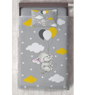 MEKTA HOME BEBEK VE ÇOCUK ODASI Tatlı Fil ve 3 Balon Desenli Yatak Örtüsü