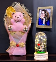Kişiye Özel Set, Peluş Ayıcık Buketi & Işıklı Mutlu Pandalı Fanus Hediye Seti