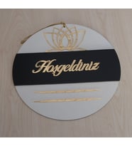 Lotus Desenli Hoşgeldiniz Yazılı Aynalı Pleksi Ahşap Kapı Süsü (Siyah - Beyaz)