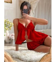 Amora Secret Kırmızı Dantel İşlemeli İnce Askılı Saten Şortlu Takım
