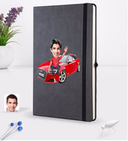 BK Gift Kişiye Özel Plakalı Erkek Audi A3 Karikatürlü Siyah Termo Deri Defter 16x24cm Model 1