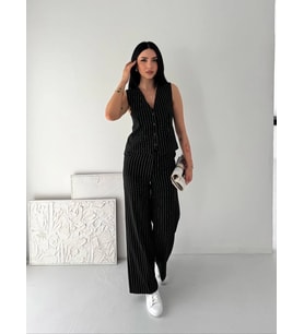 Essential  Kadın Çizgili Tansel Kumaş Yelek Pantolon İkili Takım Ofis Şık Modern - Siyah