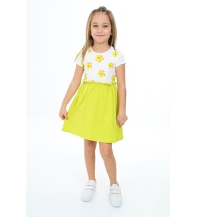 Toontoy Kız Çocuk Eteği Garnili Çiçek  Baskılı Elbise (Yeşil)