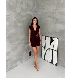 Linen Kadın Kruvaze Drapeli Tokalı Mini Elbise Şık Gece Davet Abiye - Kahverengi
