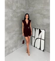 Linen Kadın Kruvaze Drapeli Tokalı Mini Elbise Şık Gece Davet Abiye - Kahverengi