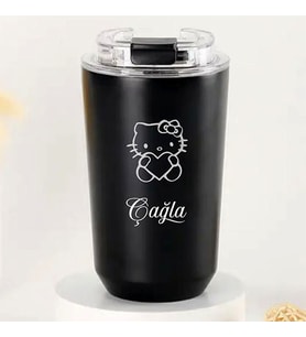 Kişiye Özel Retro Stil 240ml Vakumlu Isı Korumalı Hello Kitty Baskılı Termos Kupa (Siyah)