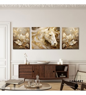 3lü Kanvas Şık Salon Duvar Tablosu Modern Soyut Kahverengi Gold At