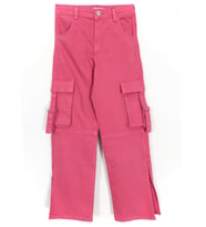 Kargo Cep Detaylı Yırtmaçlı Bol Paça Kız Çocuk Denim Kot Pantolon Pembe