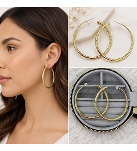 Premium Parlak ve Şık Gold Renk Dokulu Büyük 316L Çelik Kadın Halka Küpe
