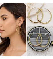 Premium Parlak ve Şık Gold Renk Dokulu Büyük 316L Çelik Kadın Halka Küpe