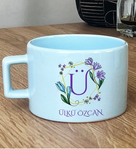 Kişiye Özel Çiçekli Ü Harfli Hediye Pastel Fincan İsim Soyisim Yazılı (Mavi)