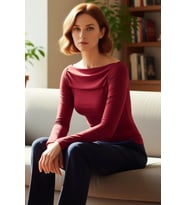 Kadın Bordo Kayık Yaka Drapeli Fitted Esnek Örme Uzun Kollu Bluz Smart Casual Günlük ve Gece
