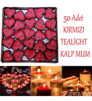 50 Adet Kırmızı Kalp Şeklinde Tealight Mum