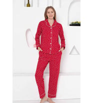Kadın Kalpli Önden Düğmeli  Uzun Kol Mevsimlik Pamuk Likra Cepli Pijama Takımı (Kırmızı)