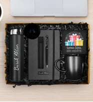 Kişiye Özel 500 ML Dereceli Termos & Kişiye Özel Defter & Deri Kılıflı Touch Pen Kalem & Siyah Kupa Hediye Seti