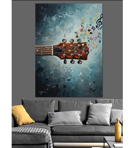 Gitar Sapından Yükselen Müzik Notaları Dekoratif Kanvas - Mdf Ahşap Tablo