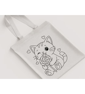 Lolipop Tutan Kedi Kalpli Desenli Kız Çocuk Omuz Çantası Hediyelik Boyanabilir Ham Bez Çanta