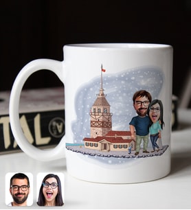 BK Gift Kişiye Özel Sevgililer Kız Kulesi Karikatürlü Beyaz Kupa Bardak-1