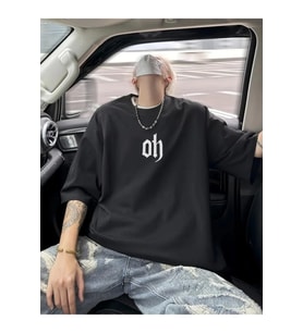Baskılı Oversize Bisiklet Yaka T-shirt - Siyah