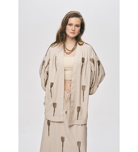Kadın El İşçiliği Boncuk İşlemeli Oversize Kimono (Açık Bej)